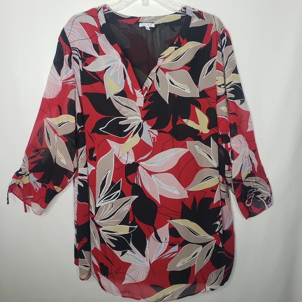 Ava James Chiffon Blouse Floral Print Red Black Beige Women's Plus Size 3X